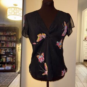 Y2K SILK Black Butterfly Print Blouse